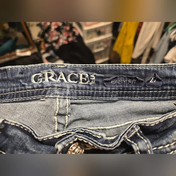 Grace in LA Women's Dark Blue Embroidered Boot Cut Jeans - Picture 3 of 12